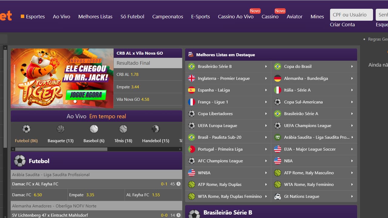 Screenshot of the MrJack.bet platform showcasing live betting options, sports categories, and highlighted leagues like Brasileirão Série B and Copa do Brasil.